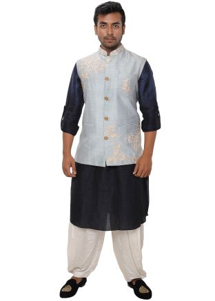 Navy Blue Kurta Salwar With Embroidered Jacket
