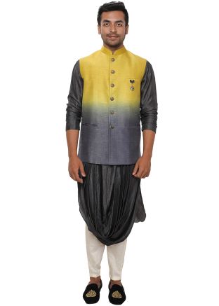 Grey Cowl Drape Kurta Set With Shaded Jacket