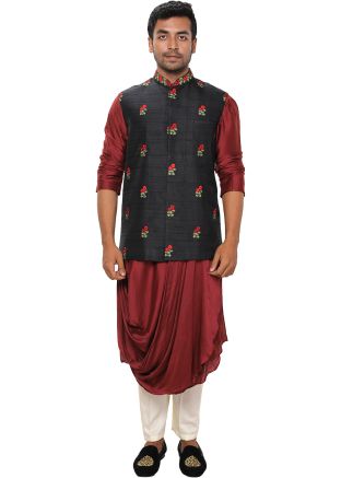Maroon Cowl Kurta Pant With Hand Embroidered Jacket