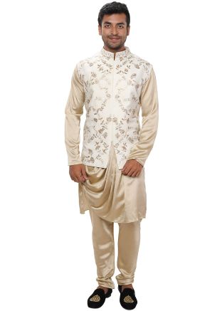 Cream Cowl Kurta Churidar With Embroidered Jacket
