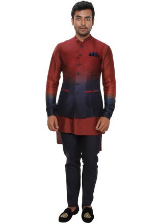 Maroon Asymmetric Kurta Pant With Shaded Jacket