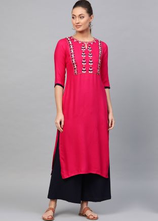 Pink Embroidered Straight Cut Kurta With Palazzo