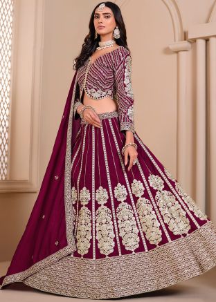 Wine Art Silk Embroidered Lehenga Choli