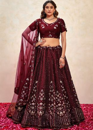 Maroon Resham Work Lehenga Choli In Art Silk