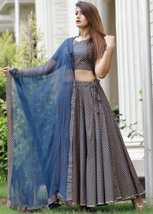 Navy Blue Readymade Floral Block Printed Lehenga Choli