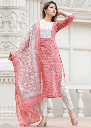 Readymade Peach Floral Block Printed Pant Salwar Suit