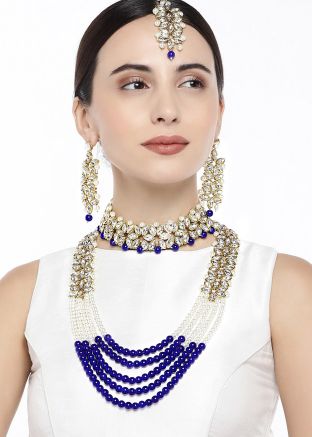 Stone Studded White and Blue Layered Necklace Set