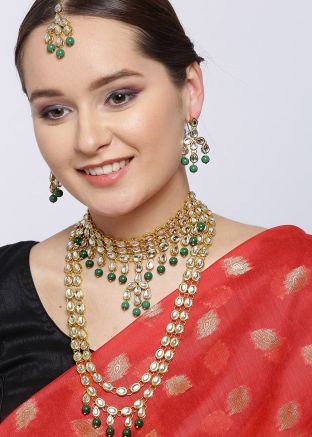 Kundan Studded Green and Golden Layered Necklace Set