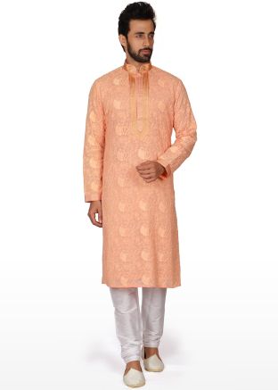 Peach Chikankari Embroidered Kurta Churidar