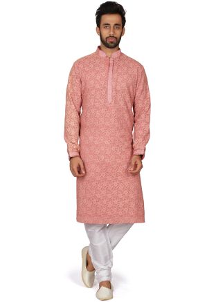 Pink Chikankari Embroidered Kurta Churidar Set