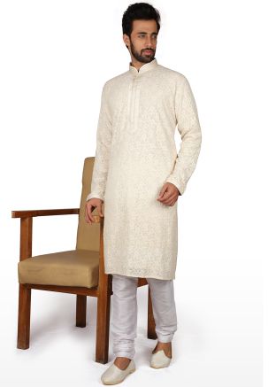 Cream Chikankari Embroidered Kurta Churidar