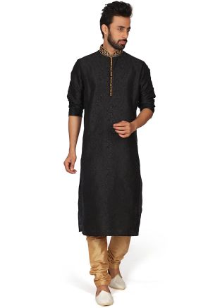 Readymade Black Brocade Kurta Churidar Set