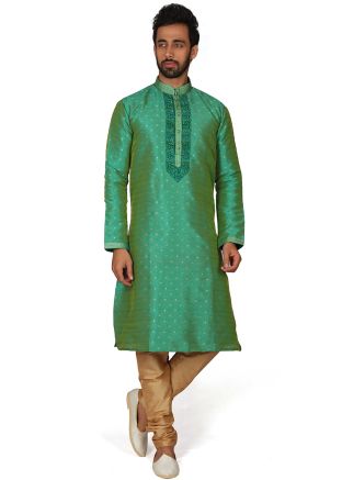 Readymade Green Woven Kurta With Churidar