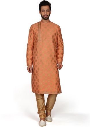 Readymade Woven Kurta Churidar In Orange