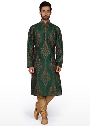 Green Embroidered Silk Kurta With Churidar