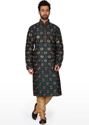 Readymade Green Embroidered Kurta Churidar Set