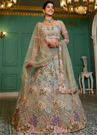 Green Sequin Work Lehenga Choli In Net