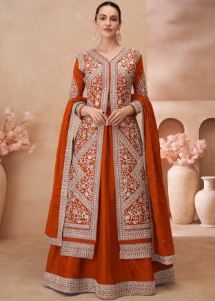 Orange Readymade Embroidered Kurti Style Lehenga