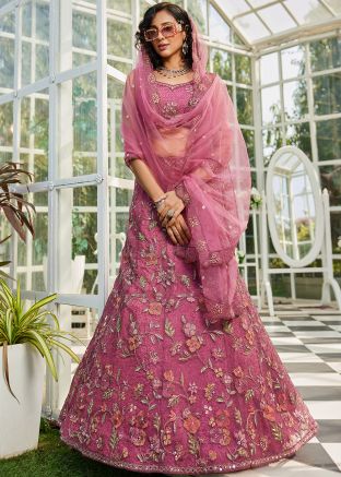 Pink Net Lehenga Choli In Thread Embroidery