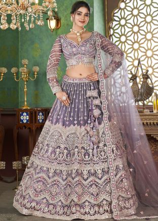 Purple Embroidered Net Lehenga Choli With Dupatta