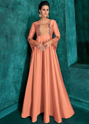 Peach Readymade Embroidered Gown In Art Silk