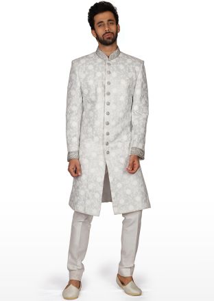 Readymade Off White Embroidered Groom Sherwani