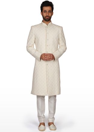 White Chikankari Embroidered Groom Sherwani Set