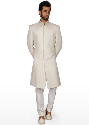 Readymade Embroidered White Groom Sherwani