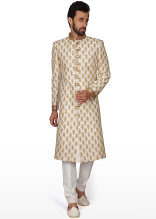 White Readymade Zari Embroidered Groom Sherwani