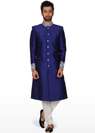 Blue Front Slit Readymade Silk Sherwani Set