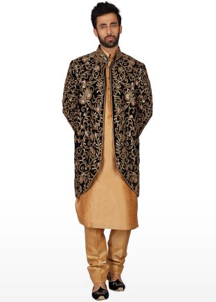 Golden Readymade Kurta Set With Embroidered Jacket