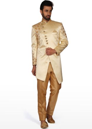 Asymmetric Indo Western Groom Sherwani In Cream
