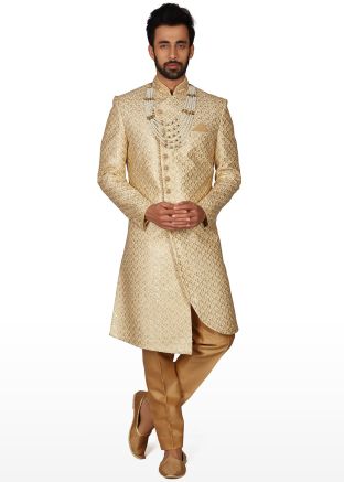 Cream Embroidered Indo Western Groom Sherwani