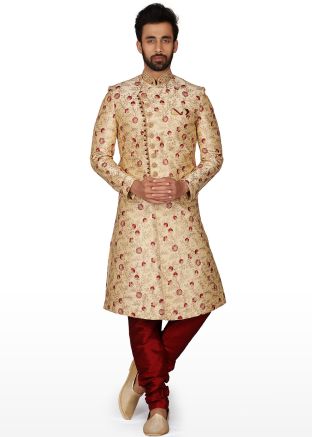 Readymade Cream Embroidered Groom Sherwani Set