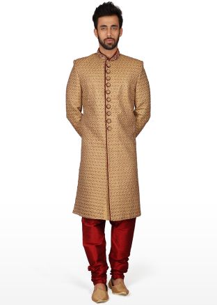 Beige Embroidered Readymade Groom Sherwani
