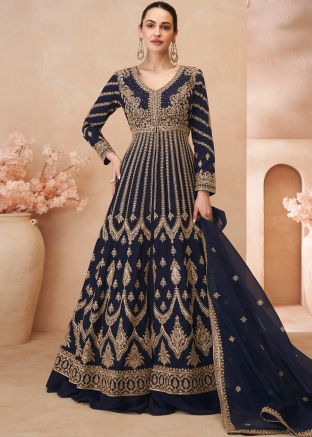 Navy Blue Embroidered Chiffon Slit Kurti Style Lehenga