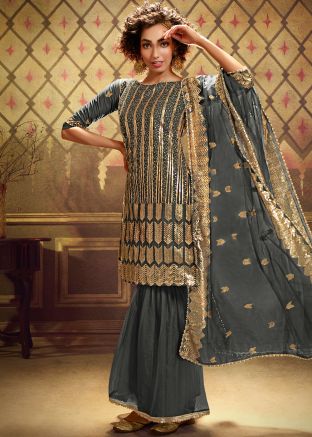Grey Embroidered Net Pakistani Gharara Suit