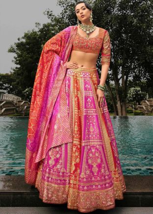 Pink & Red Zari Woven Silk Lehenga Choli