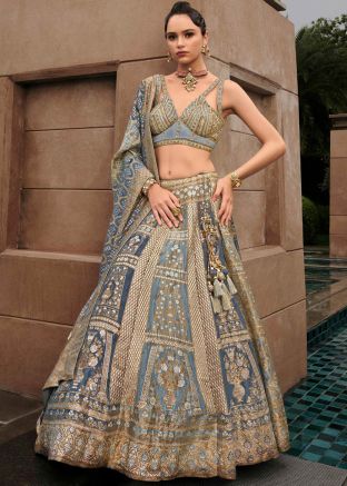 Grey Zari Woven Silk Lehenga Choli & Dupatta