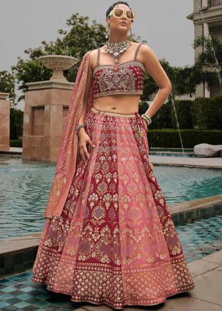 Pink & Wine Woven Lehenga Choli In Silk