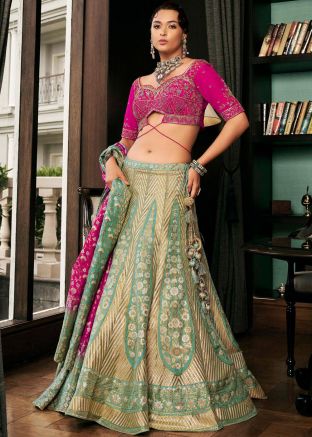 Turquoise Silk Lehenga Choli In Zari Woven