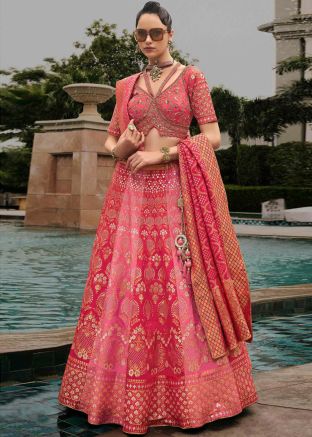 Coral Pink Zari Woven Silk Lehenga Choli