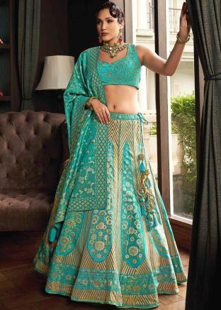 Blue Zari Woven Silk Lehenga Choli & Dupatta