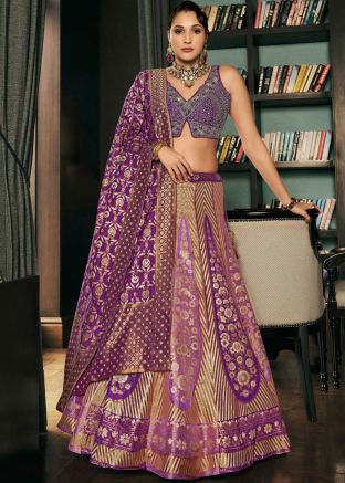 Purple Woven Lehenga Choli In Silk