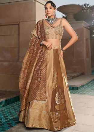 Brown Silk Woven Lehenga Choli & Dupatta