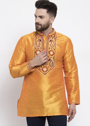 Yellow Dupion Silk Embroidered Short Kurta