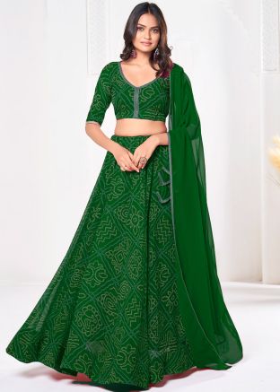 Green Georgette Lehenga Choli In Bandhej Print