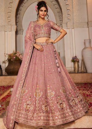 Mauve Pink Embroidered Tissue Lehenga Choli