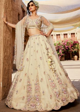 Cream Tissue Embroidered Lehenga Choli Set
