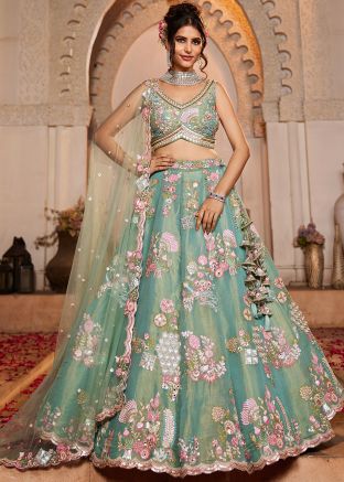 Sea Green Embellished Net Lehenga Choli